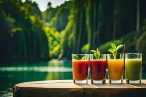 cuatro lentes de jugo en un mesa siguiente a un lago. generado por ai foto