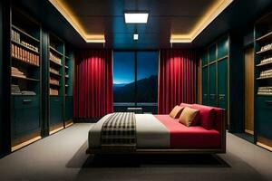 a bedroom with a bed and bookshelves. AI-Generated photo