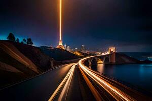 a long exposure photo of a bridge with a light beam. AI-Generated