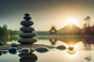 un apilar de piedras es sentado en el apuntalar de un lago. generado por ai foto