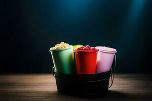 three colorful cups in a bucket on a table. AI-Generated photo