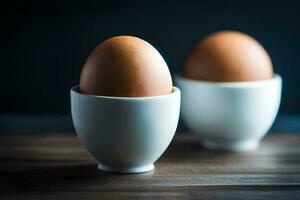 two eggs in white cups on a wooden table. AI-Generated photo