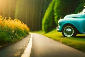 un antiguo coche conducción abajo un país la carretera. generado por ai foto