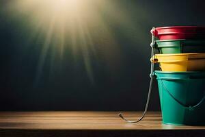 a stack of colorful buckets on a table. AI-Generated photo