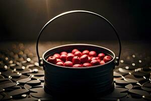 a bucket filled with cherries on a black background. AI-Generated photo