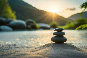 zen stones stacked on the beach at sunset. AI-Generated photo