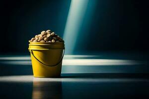 a bucket filled with peanuts on a dark floor. AI-Generated photo