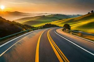 a highway with the sun setting over rolling hills. AI-Generated photo