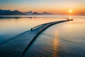 a long pier with a sunset in the background. AI-Generated photo