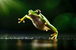 a frog jumping on the ground. AI-Generated photo