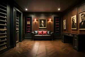 a room with a black leather couch and a wooden paneled wall. AI-Generated photo