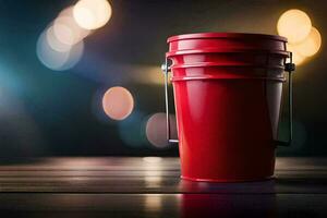 a red bucket on a table with bokeh lights. AI-Generated photo