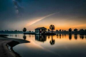 a house on the water at sunset with palm trees. AI-Generated photo