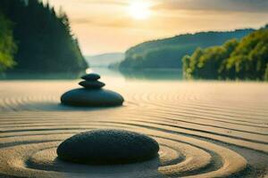 el Dom es ajuste terminado un lago y piedras en el arena. generado por ai foto