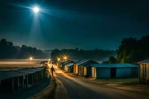 un hombre camina abajo un suciedad la carretera a noche con un lleno Luna brillante arriba. generado por ai foto