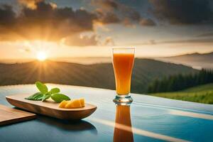a glass of orange juice on a table with a view of the sunset. AI-Generated photo