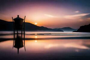 un playa con un pequeño choza a puesta de sol. generado por ai foto