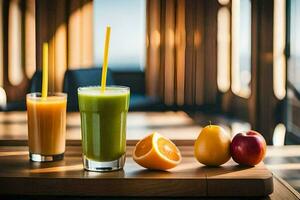 two glasses of juice and an apple on a wooden table. AI-Generated photo
