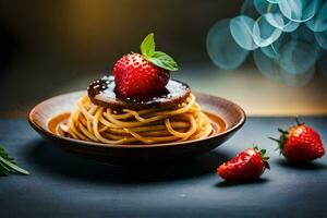 spaghetti with strawberry jam and basil leaves. AI-Generated photo