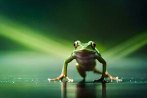 a frog is standing on a dark surface. AI-Generated photo