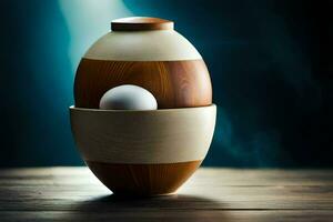 a wooden egg in a wooden container on a table. AI-Generated photo