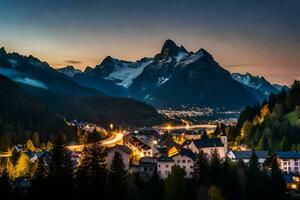 el pueblo de alpin en el Alpes a oscuridad. generado por ai foto