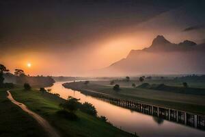 a river runs through a valley with mountains in the background. AI-Generated photo