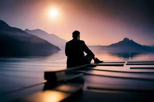 un hombre sentado en un barco en el medio de un lago a puesta de sol. generado por ai foto