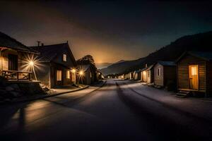 a street at night with houses and a mountain in the background. AI-Generated photo