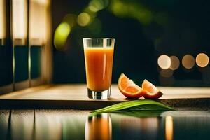 un vaso de naranja jugo con un rebanada de pomelo. generado por ai foto