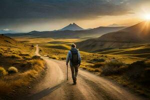 un hombre camina en un suciedad la carretera en el medio de el desierto. generado por ai foto