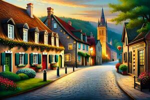 a painting of a street in a village at sunset. AI-Generated photo