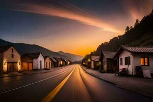 un largo exposición fotografía de un la carretera en el montañas. generado por ai foto