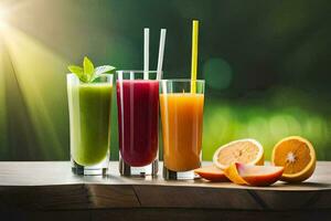 three different types of juice in glasses on a table. AI-Generated photo