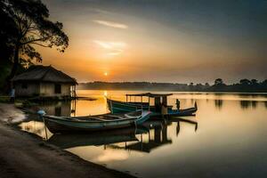 barcos en el lago a puesta de sol. generado por ai foto