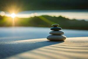 a stack of stones on the beach with the sun in the background. AI-Generated photo