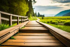 a wooden walkway leads to a grassy field. AI-Generated photo