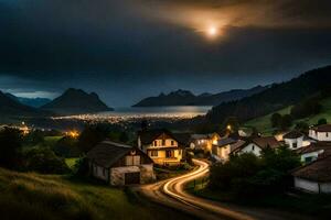 photo wallpaper the sky, mountains, road, the moon, the village, the moon, the. AI-Generated