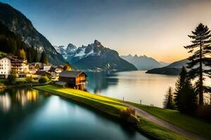 un lago y montaña pueblo en el suizo Alpes. generado por ai foto