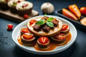 a plate of chocolate cake with strawberries and chocolate sauce. AI-Generated photo