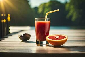 un vaso de jugo con un pomelo en un de madera mesa. generado por ai foto