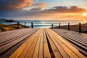 a wooden pier with a sunset over the ocean. AI-Generated photo