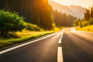 a road in the mountains with the sun shining. AI-Generated photo