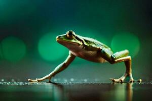 a frog is standing on its hind legs. AI-Generated photo