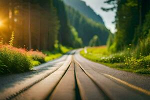 un tren pista en el medio de un bosque. generado por ai foto