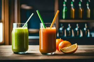 two glasses of juice with straws on a wooden table. AI-Generated photo