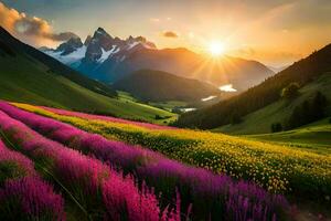 the sun rises over a field of wildflowers in the mountains. AI-Generated photo