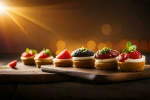 small desserts on a wooden board with bright light. AI-Generated photo