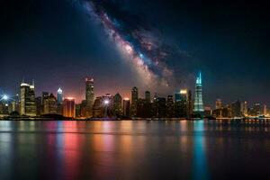 the milky way over the city skyline at night. AI-Generated photo