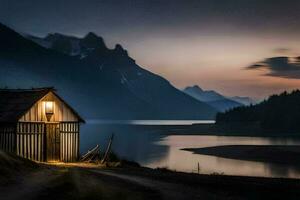 un pequeño cabina se sienta en el lado de un lago a oscuridad. generado por ai foto